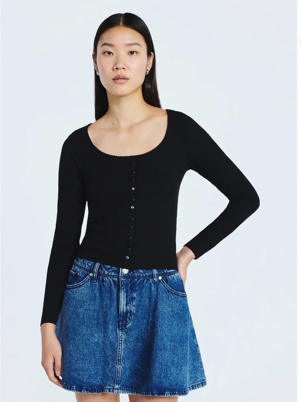 Scoop Black Soot Lace Trim Scoop Neck Ribbed Long Sleeve Tee